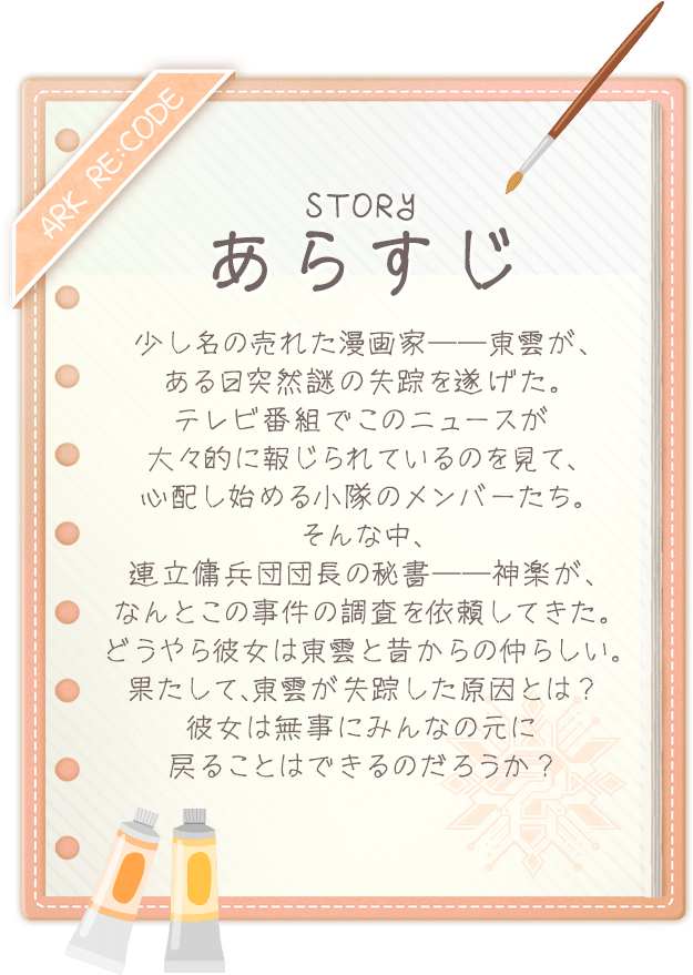 あらすじ, 少し名の売れた漫画家──東雲が、ある日突然謎の失踪を遂げた。テレビ番組でこのニュースが大々的に報じられているのを見て、心配し始める小隊のメンバーたち。そんな中、連立傭兵団団長の秘書──神楽が、なんとこの事件の調査を依頼してきた。どうやら彼女は東雲と昔からの仲らしい。果たして、東雲が失踪した原因とは？彼女は無事にみんなの元に戻ることはできるのだろうか？